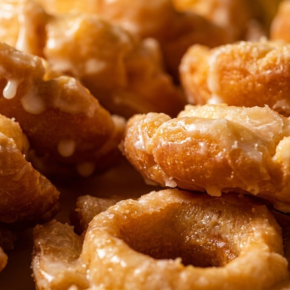 Close-up of a pile of golden-brown glazed apple fritters with white icing dripping down.